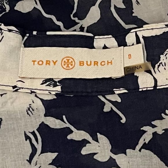 Tory Burch Size 0 Black White Floral Long Sleeve Split Neck Tunic Top - Picture 4 of 7